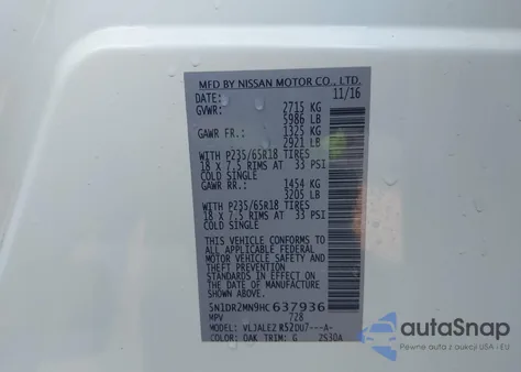 2017 Nissan Pathfinder Sv из США, поврежденный, VIN 5N1DR2MN9HC637936